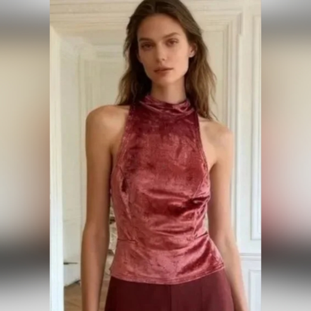 Free People Natasha Rust Crushed Velvet Sleeveless Halter Top S
